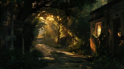 Obraz premium A narrow, sunlit alley lined with lush greenery and quaint houses, bathed in the warm glow of the setting sun, creating a peaceful and inviting atmosphere.
