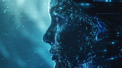 A digital portrait of a person made of data and code. The image represents the intersection of technology and humanity.