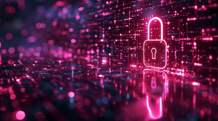 A glowing pink padlock icon stands out against a digital backdrop of binary code, representing digital security and data protection.
