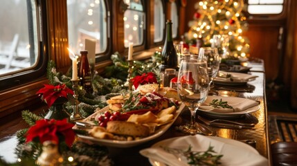 The trains beautifully adorned dining car offers a special holiday menu for a cozy meal on the go.