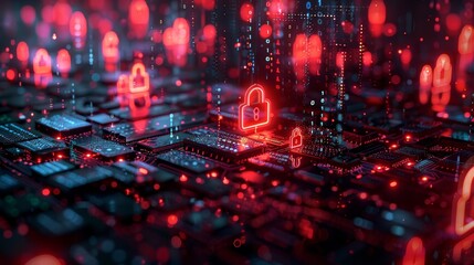 Abstract digital background with red glowing padlock icons and circuit board.