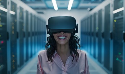 woman wearing VR headset smiling in large server room, hyper realistic cinematic style, natural lighting