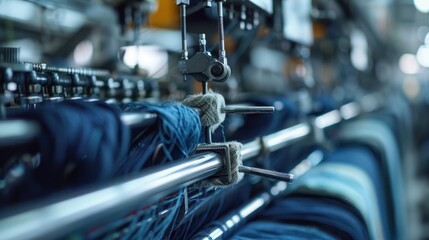 Fototapeta premium Blue yarn and fabric on a textile machine in a factory