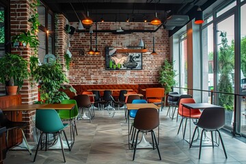 A stylish cafe interior with exposed brick walls, natural light, and colorful furniture