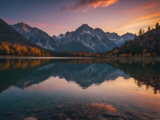Fototapeta premium mountain range at sunset with a calm lake 