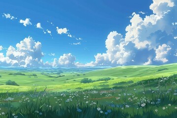 Grass Field landscape with blue sky and white cloud. Blue sky clouds sunny day wallpaper. Cartoon illustration of a Grass Field with blue sky in Summer. green field in a day.