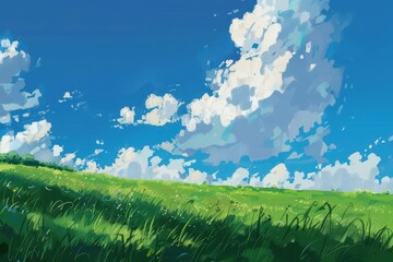 Beautiful scenery of a green field under a blue sky with fluffy white clouds, illustration digital art painting.