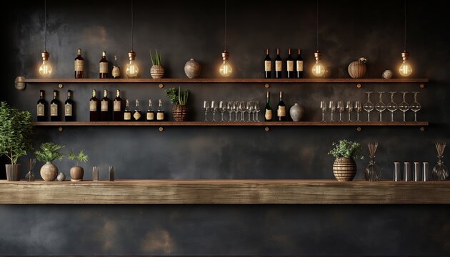 A wooden bar shelf displaying a variety of bottles, glassware, and decorative pieces with warm lighting, creating a sophisticated and elegant bar environment.