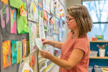 A woman is actively organizing a classroom bulletin board filled with educational materials, A teacher organizing a classroom bulletin board with student artwork