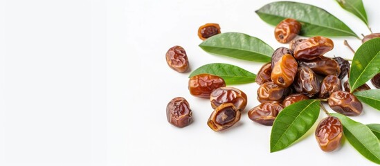Obraz premium Dried Dates with Fresh Leaves on White Background