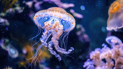 A single jellyfish with long tentacles floats in an aquarium