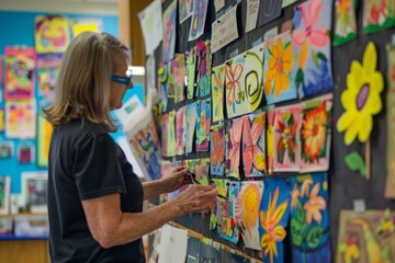 A woman stands next to a wall covered in pictures, organizing a classroom bulletin board, A teacher organizing a classroom bulletin board with student artwork