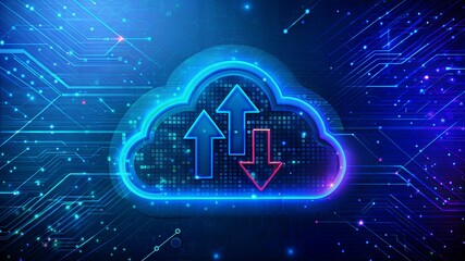 Abstract digital cloud computing icon with neon arrows up and down on a futuristic cyberpunk blue-purple background. Neon light arrows and low poly cloud storage icon. Data technology concept. 
