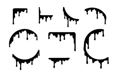 Liquid or paint drips. Set of vector ink round, square, corner frame silhouettes.