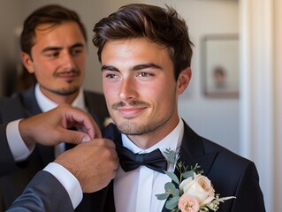 Best man adjusting grooms boutonniere, groom getting ready, wedding accessories