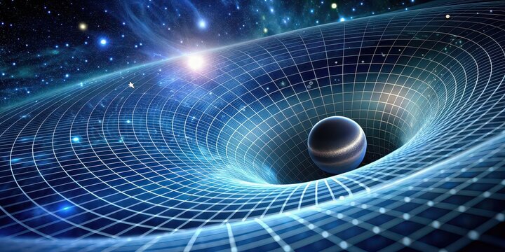 Distorted spacetime around a gravitational force , Gravity, space-time, bending, distortion, universe, grid, concept