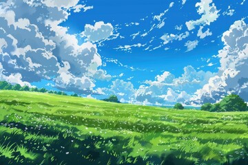 Anime-style illustration of a lush green field with white clouds in a blue sky. Concept of nature, peace, serenity, and fantasy.