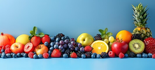 side view of fruits on blue background with copy space, space for text and design 