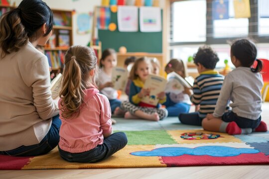 A group of children sitting on the floor, engrossed in reading books while a teacher reads a story to them, A teacher reading a story to a group of students seated on a classroom rug