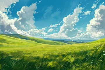 Obraz premium Beautiful green meadow with hills and blue sky with puffy clouds. Concept of nature, freedom, peace, and tranquility.
