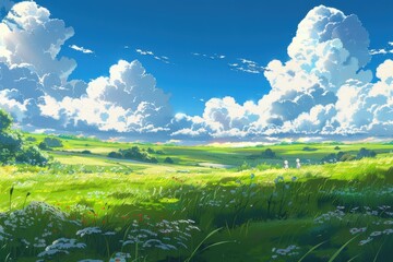 Fototapeta premium Beautiful green meadow with white clouds and blue sky. Cartoon animation style landscape of a field with flowers. Concept of nature, peace, and serenity.