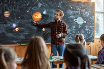 A man in a classroom pointing at a chalkboard with educational material displayed, A teacher standing in front of a chalkboard, pointing to a diagram of the solar system