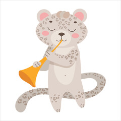 A snow leopard plays the pipe. Circus. Circus actor. Fluffy animal. Trick. Decoration for a holiday or fair. Vector illustration isolated on white background.