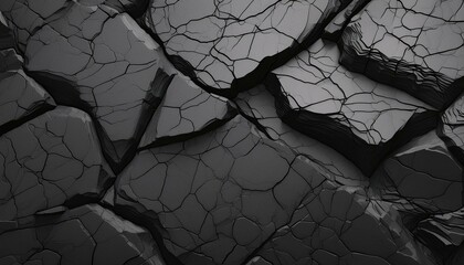 Volumetric rock texture with cracks. Black stone background with copy space for design. Wide banner.