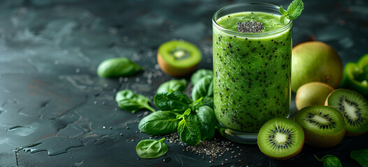 A collection of vibrant and healthy green smoothies made from fresh fruits and vegetables such as apples, kiwis, spinach, and cucumbers. The visually appealing images highlight the natural, refreshing
