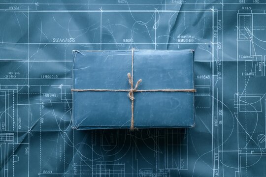 Wrapped package in blue paper tied with twine on a technical blueprint drawing; represents delivery and planning