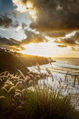 Seascape with large golden clouds at sunset. Tenerife, Spain.