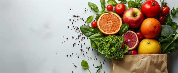  A vibrant assortment of fresh fruits and vegetables spilling out of a paper bag, showcasing the variety and colors of nature's bounty. Perfect for healthy eating and organic food themes.