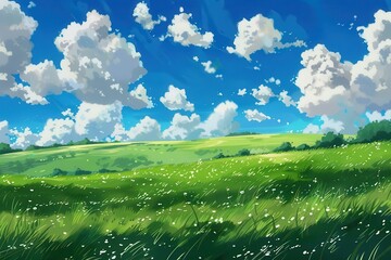 Fototapeta premium Vibrant Green Meadow with White Flowers under a Blue Sky with Puffy White Clouds