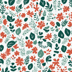 A seamless floral pattern with a variety of stylized flowers and leaves