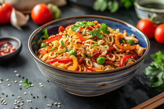 healthy and hot and spicy ramen or cantonese chinese, thai fried noodles in a bowl with chili, vegetables, indonesian mie goreng