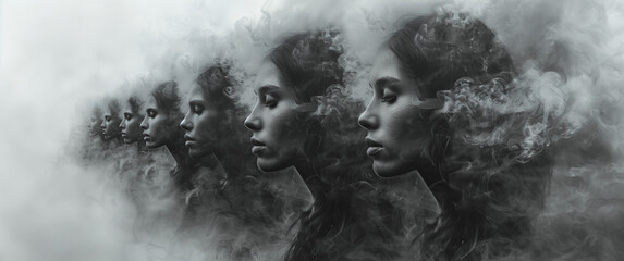 A collection of haunting and surreal images featuring ethereal, smoky figures and wisps of smoke blending with human forms. These abstract visuals evoke a sense of mystery and introspection, making th