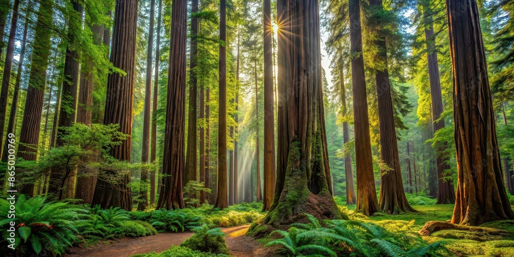 Wall mural Scenic of a dense redwoods forest with tall trees and lush undergrowth, redwoods, forest, trees, nature, landscape