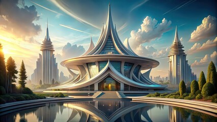 Futuristic temple in the year 2050 featuring sleek architecture and advanced technology, futuristic, temple