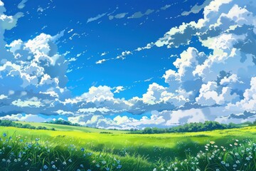 Fototapeta premium Beautiful digital painting of a sunny meadow with bright blue sky and fluffy white clouds. Peaceful landscape illustration for backgrounds and design.