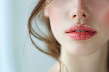 Close-up of healthy lips of a beautiful young woman. Female model mouth with smooth perfect skin and natural makeup.