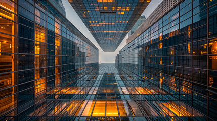 Futuristic low-angle view of modern skyscrapers with glass facades and warm evening lights in an urban financial district