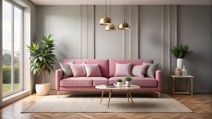 Pink sofa and decor in modern living room with background, pink, sofa, decor, living room, modern, interior design