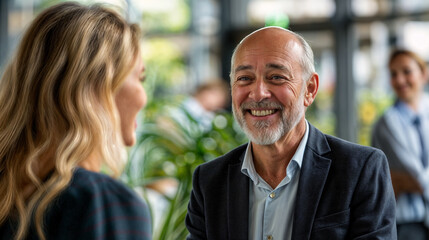 Senior Businessman and Young Female Colleague Smiling and Conversing in a Modern Office Setting, Symbolizing Professional Mentorship and Positive Work Environment