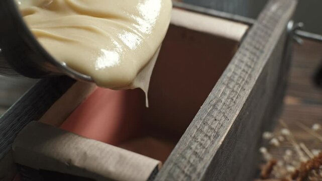 Filling of handmade soap mass from natural oils in a wooden mold. The process of making soap in the workshop