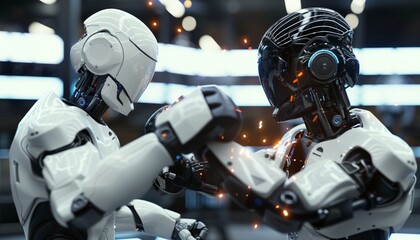 Fototapeta premium Futuristic Robotic Sparring Match, Humanoid Robots Boxing in White and Black Armor