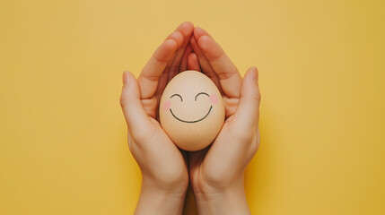 holding an egg with the face of a smiling emoji 