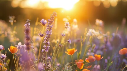 Naklejka premium A close-up shot of lavender and poppies bathed in the warm glow of the morning sun. Generative AI