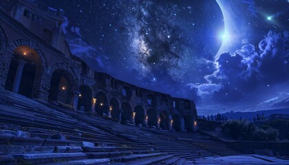 Majestic Ancient Amphitheater at Night Under Celestial Star-Studded Sky with Bright Spotlights