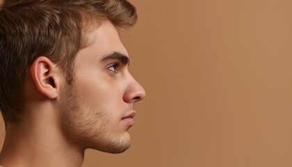 Fototapeta premium Side Profile of Young Man on Warm Beige Background, Copy Space, Banner
