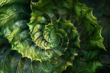 floral geometry, green leaf spiral of life, lush green plant, fractal, sacred geometry, jungle mood, rainforest, photorealistic // ai-generated 